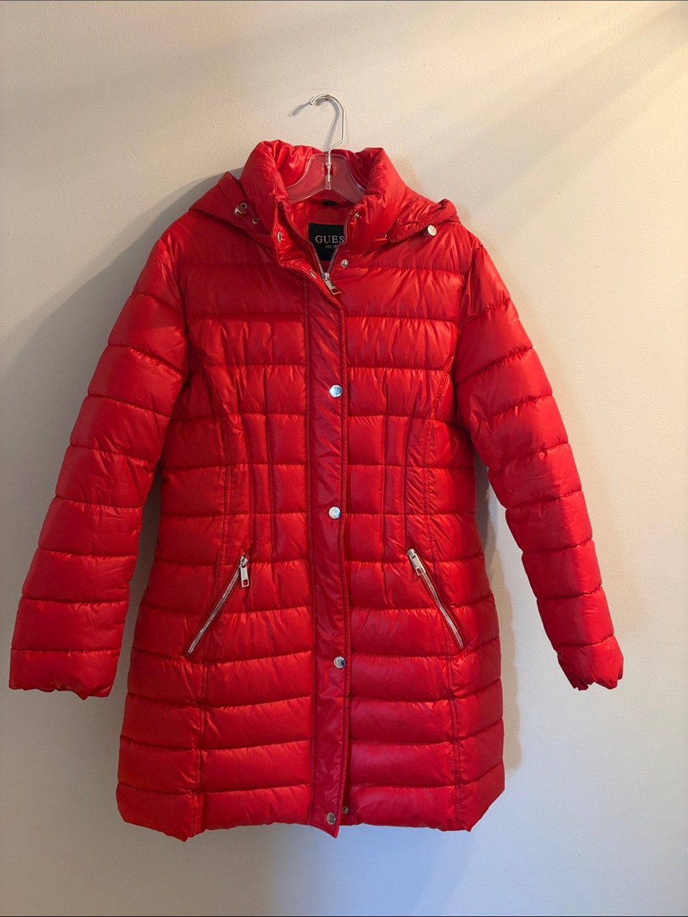 GUESS Red Quilted Long Puffer Coat with Hood